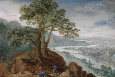 Vue de Pöstlinberg sur la ville de Linz avec une paysanne et un voyageur sur un chemin au premier plan